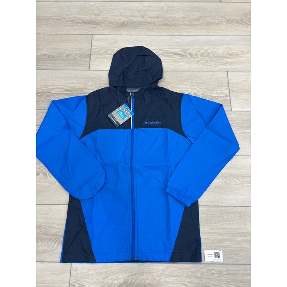 Columbia Blue Black Hooded Rain Jacket Youth Large NWT - Picture 1 of 4
